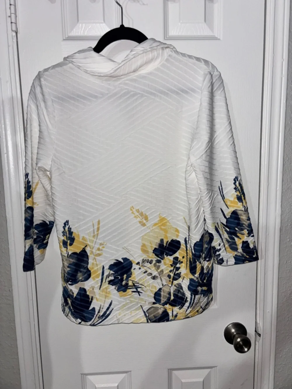 Chico's White Zip-Front Jacket with Navy & Yellow Floral Border - Picture 4 of 5
